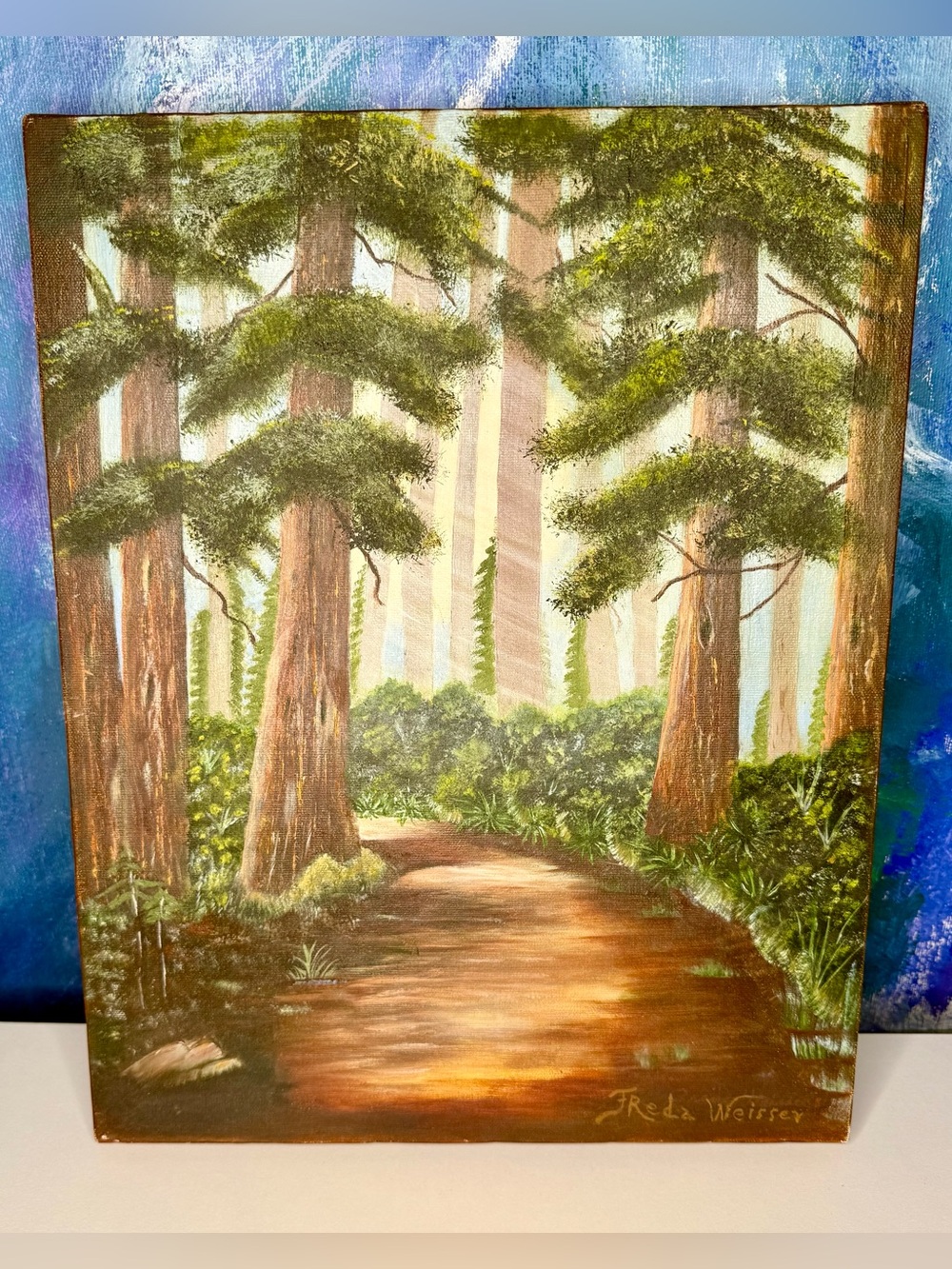 Redwood Trees Original Painting on Canvas signed Freda Weisser 1986 Cottagecore